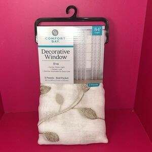 Comfort Bay decorative window, rod pocket 84" 2 panels. Sheer White & Gold Leaf